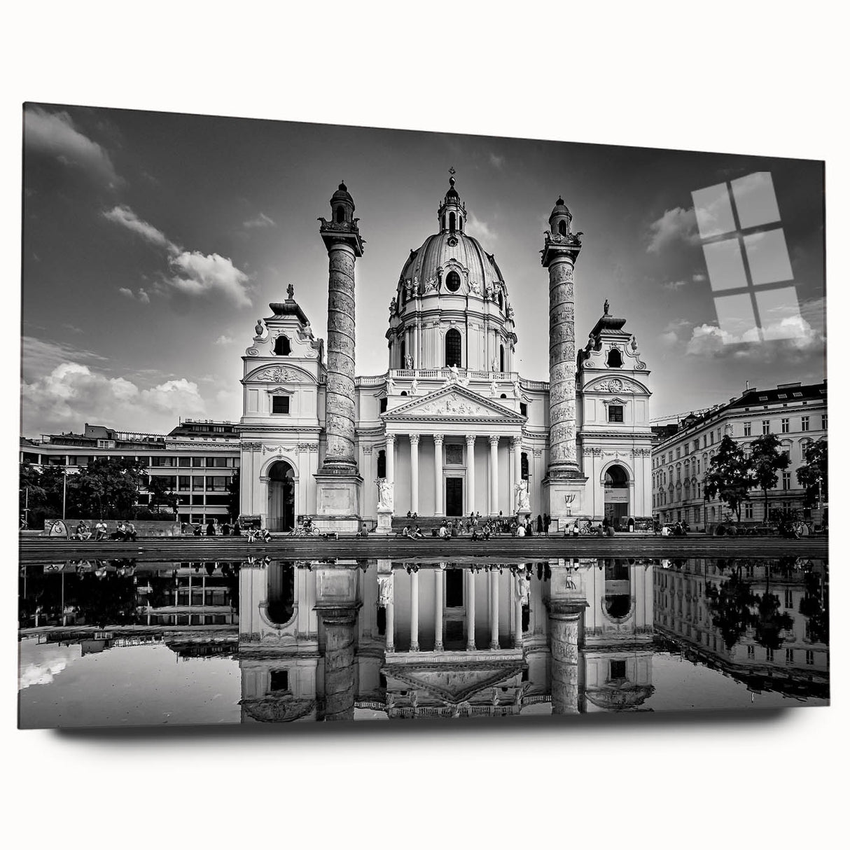 Side view of a large abstract cathedral design on acrylic glass, ideal for bedroom or dining room art.