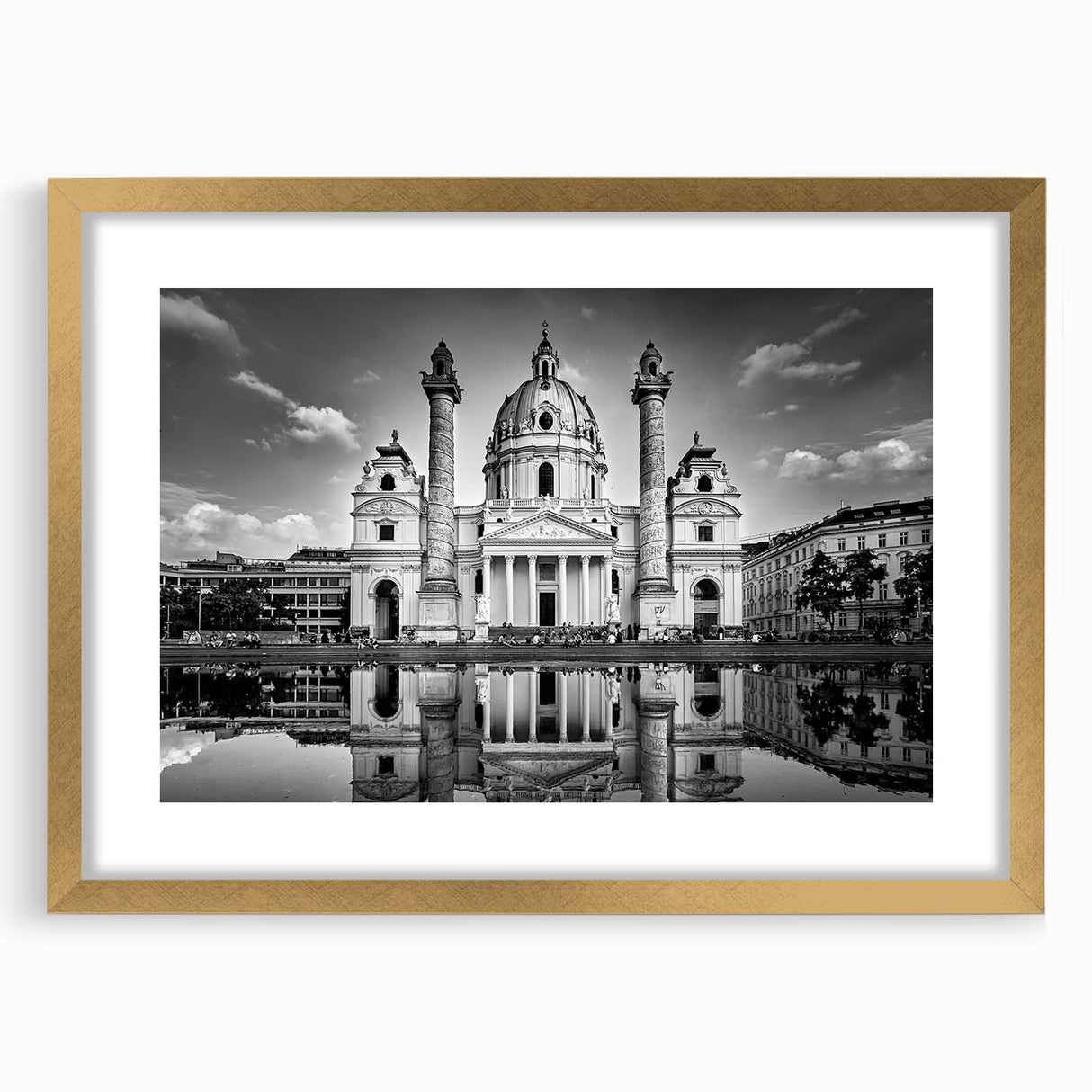 Textured abstract art print of a cathedral, in gold frame with mat, in muted earth tones, ideal for bedroom wall decor.