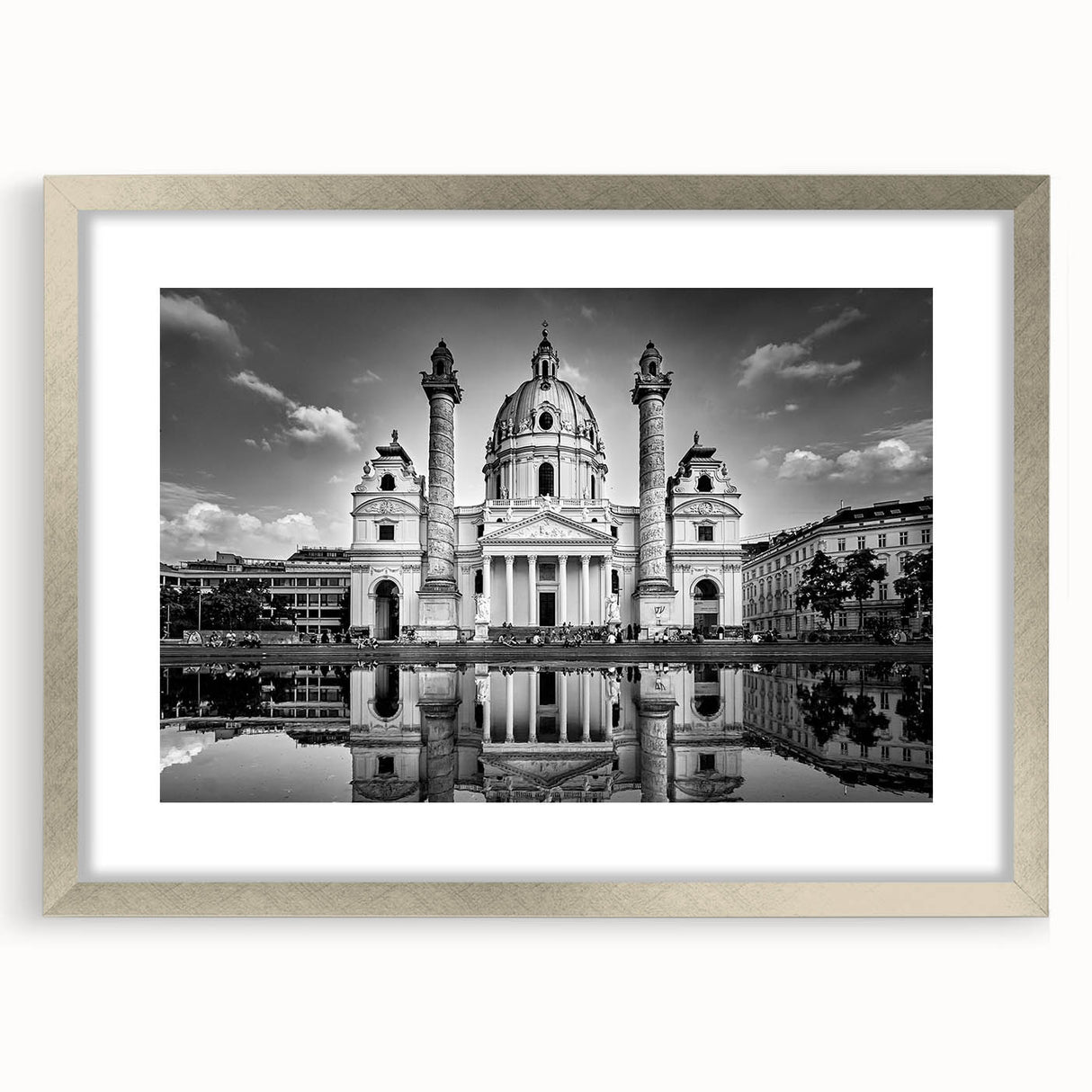 Abstract art print of a cathedral in silver frame with mat, featuring cool blue and gray tones, ideal for dining room decor.