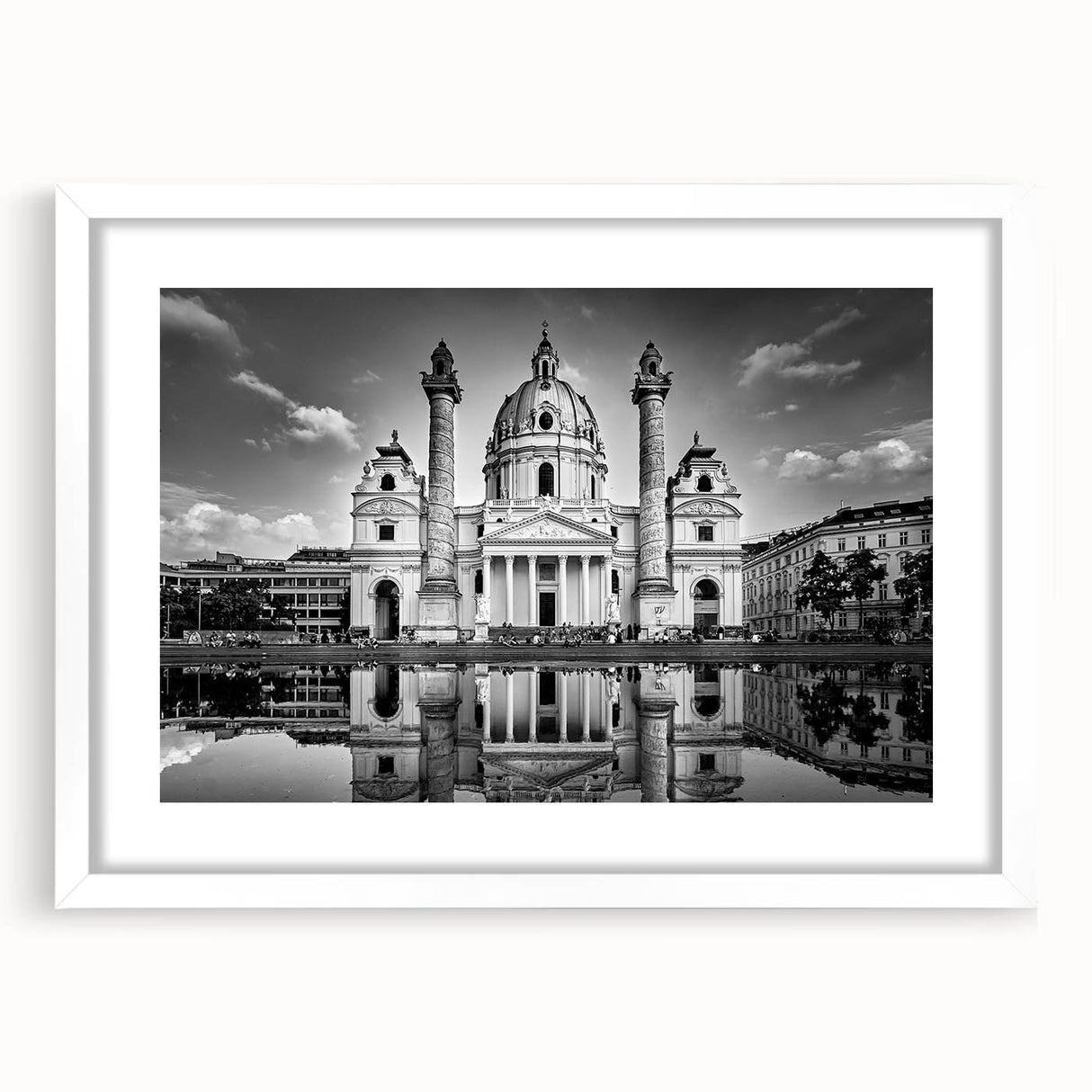 Extra large abstract art print of a cathedral, featuring textured grey and white tones, framed in white.
