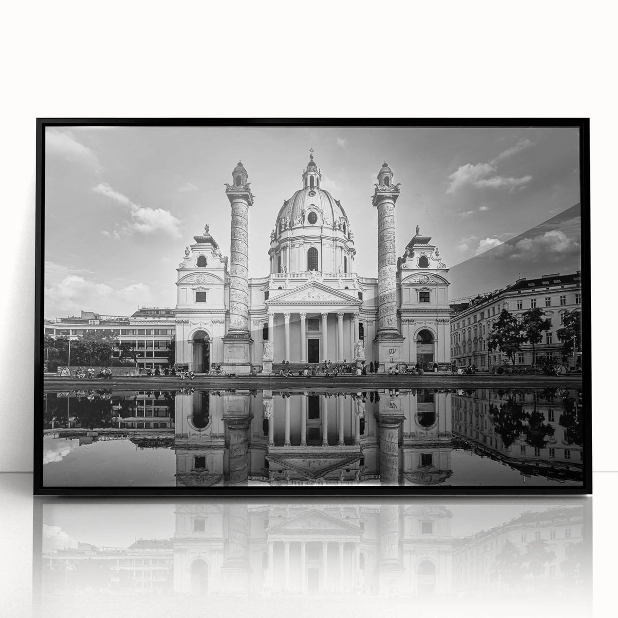 Large abstract wall art featuring a mid-century modernist cathedral design in black and white tones, framed in acrylic.