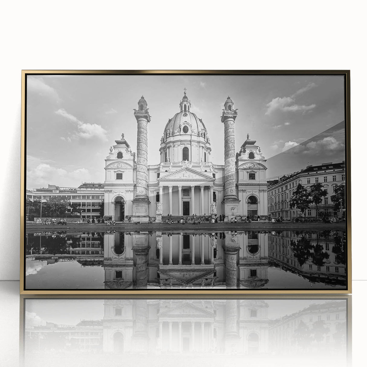Mid-century modernist cathedral design in gold and white tones on acrylic, ideal for modern art wall decor.