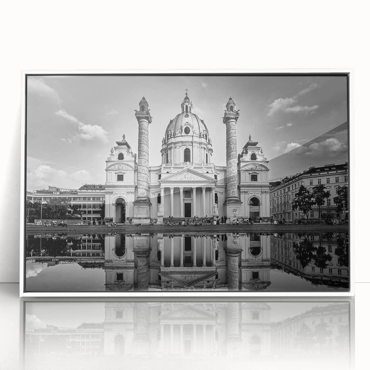 Mid-century modernist cathedral design on large acrylic print, with muted gray and white tones.
