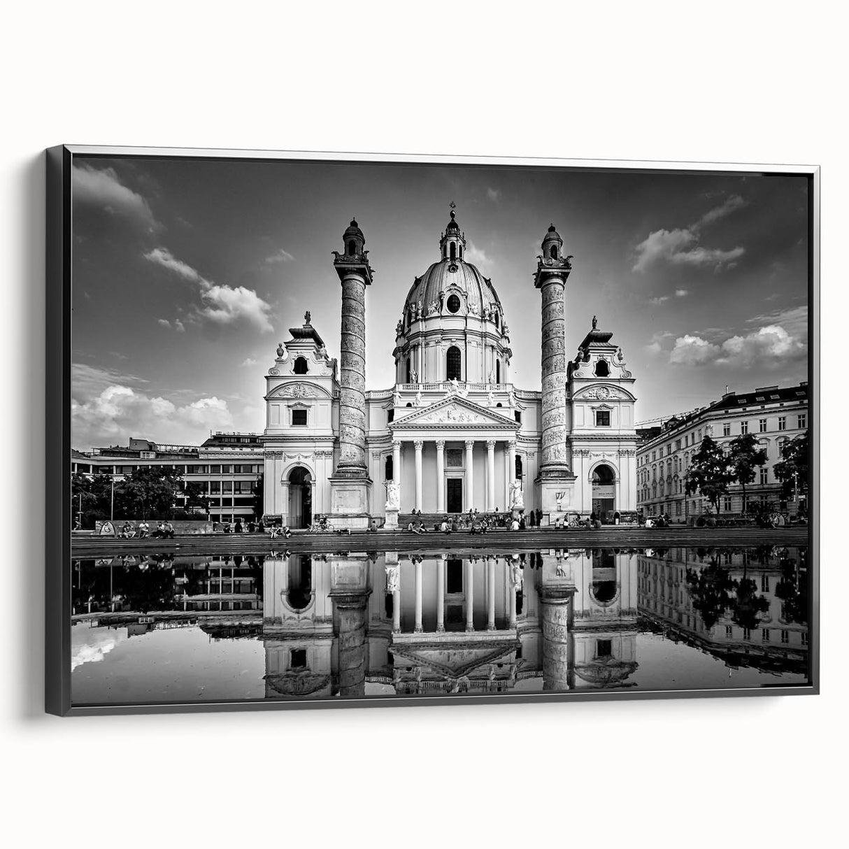 Black and white vintage poster art of a cathedral on framed canvas, ideal for bedroom wall decor.