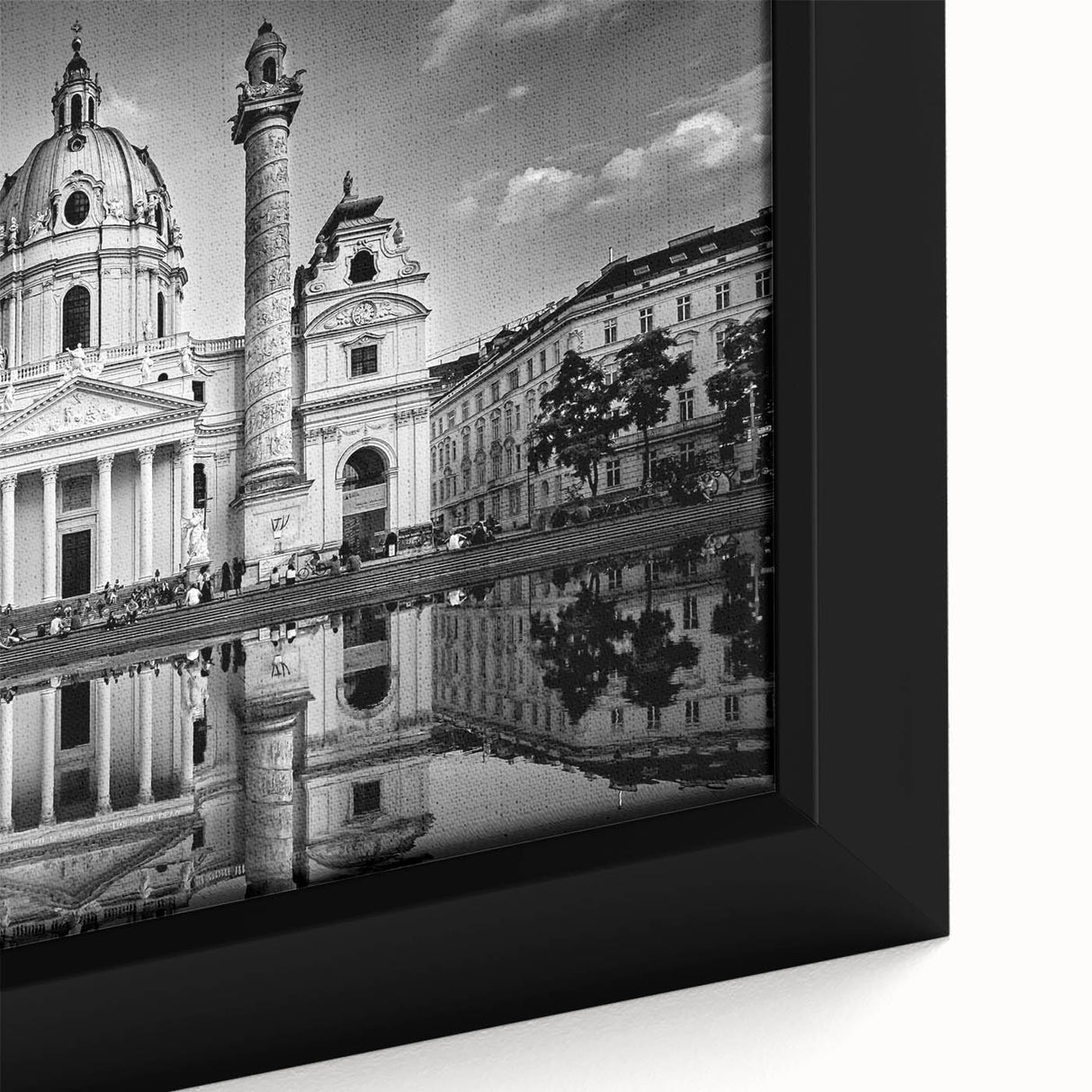 Extra large black wall art of a cathedral design with colorful, textured details on a framed canvas.