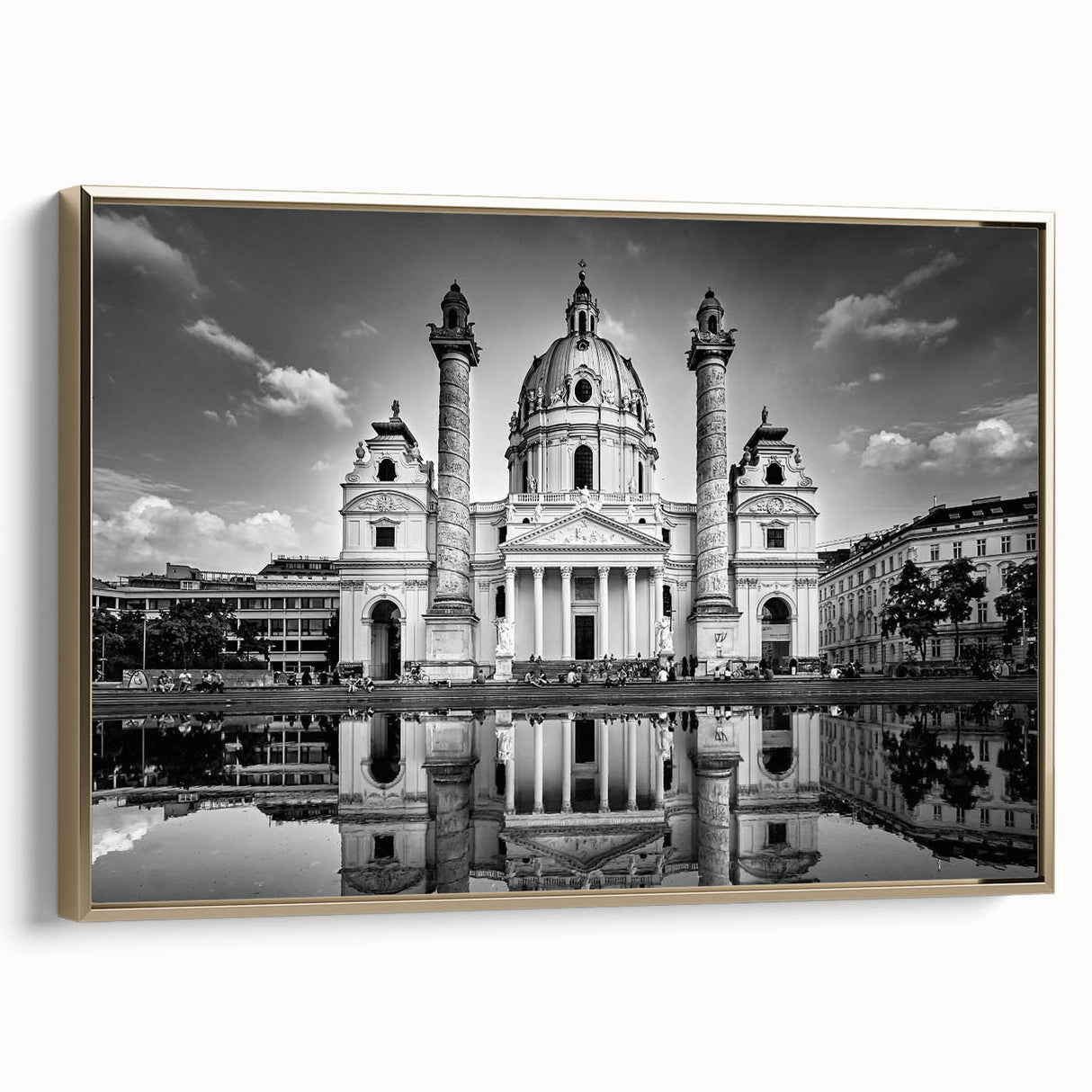 Landscape art painting of a cathedral, featuring a vintage poster style on a framed canvas, in black with colorful accents.