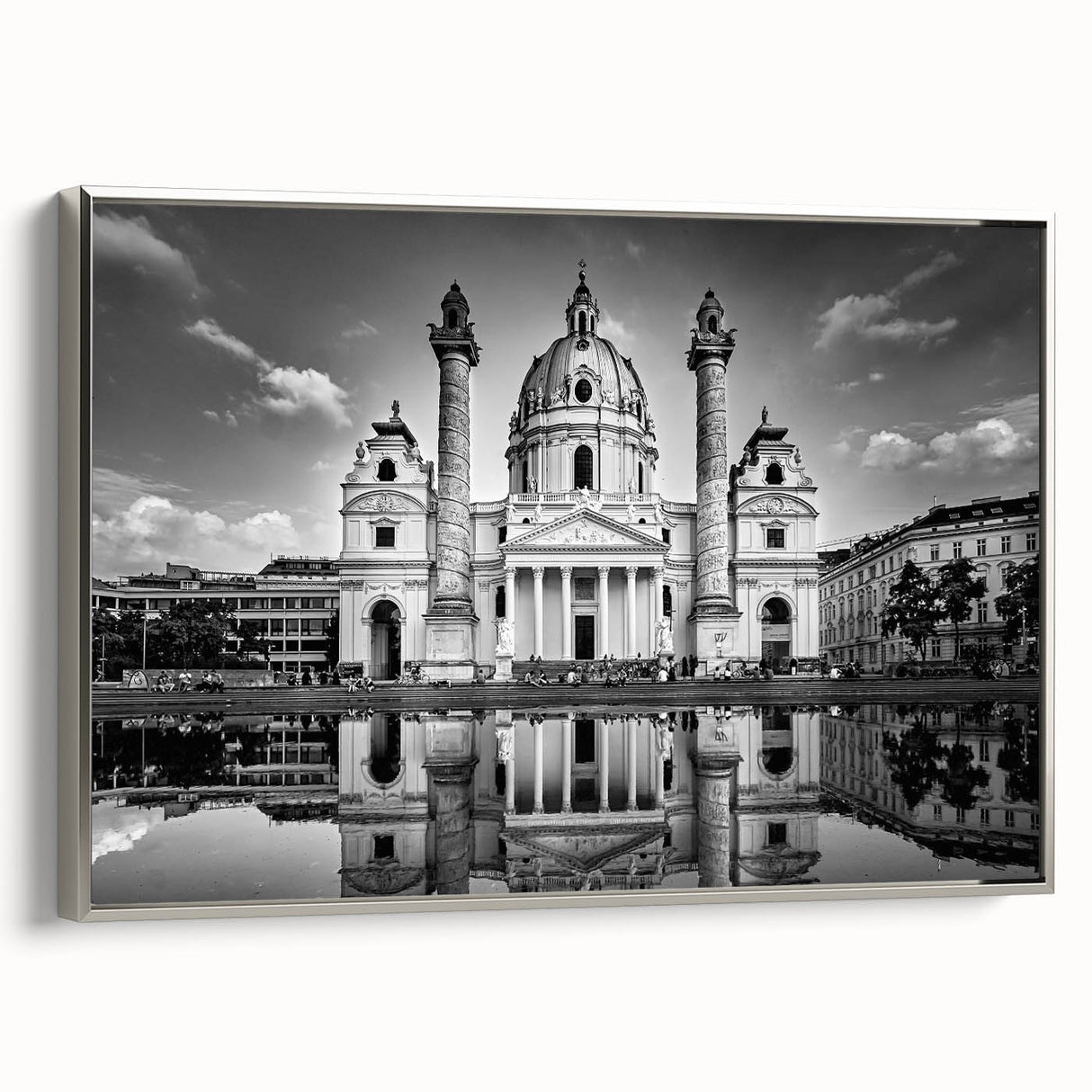 Vintage poster art of a cathedral design in colorful art palette on a large framed canvas, suitable for living room decor.