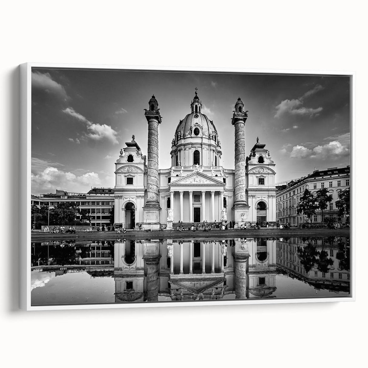 Framed canvas of a vintage-style cathedral in black and white, ideal for bedroom wall art.