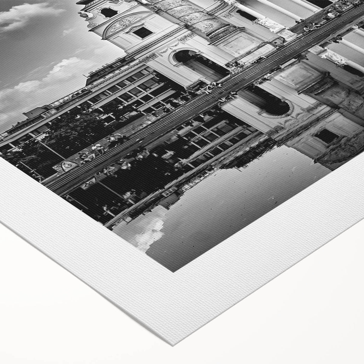 Art Deco poster of a cathedral, in muted gold and blue tones on rolled canvas, suitable for dining room wall art.