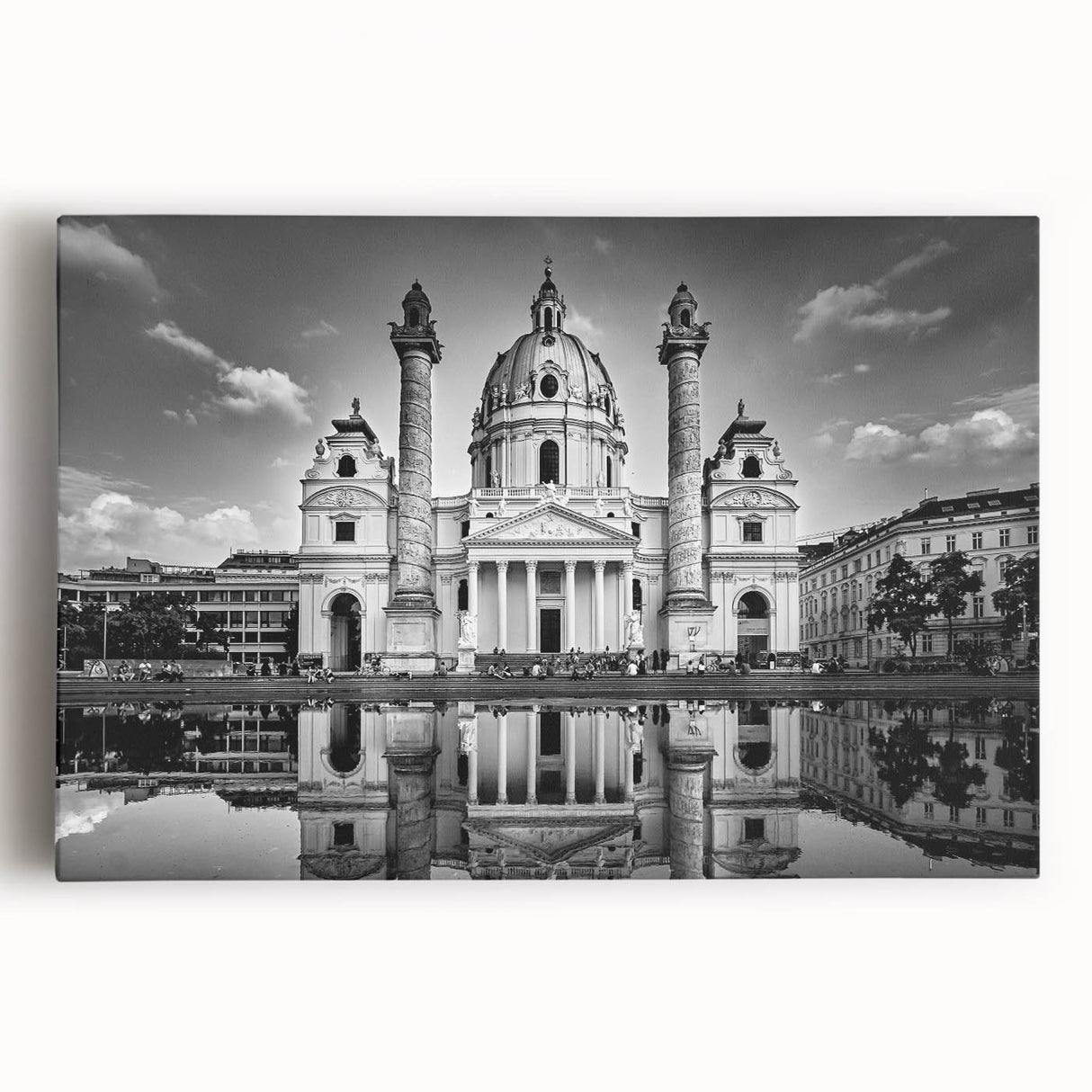Black and white print of a cathedral on stretched canvas, suitable as large kitchen wall art.