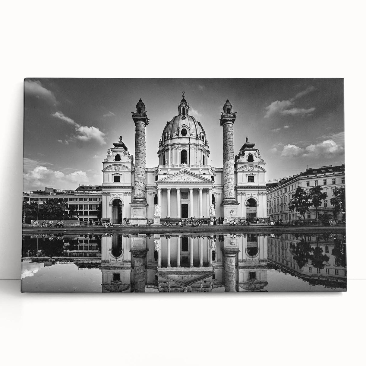Black and white stretched canvas depicting a cathedral, ideal for kitchen wall art or bedroom ambiance.