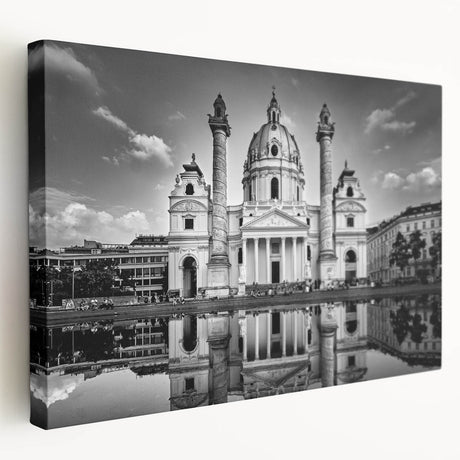 Side view of a large cathedral-themed stretched canvas, featuring detailed architectural design in muted stone colors.