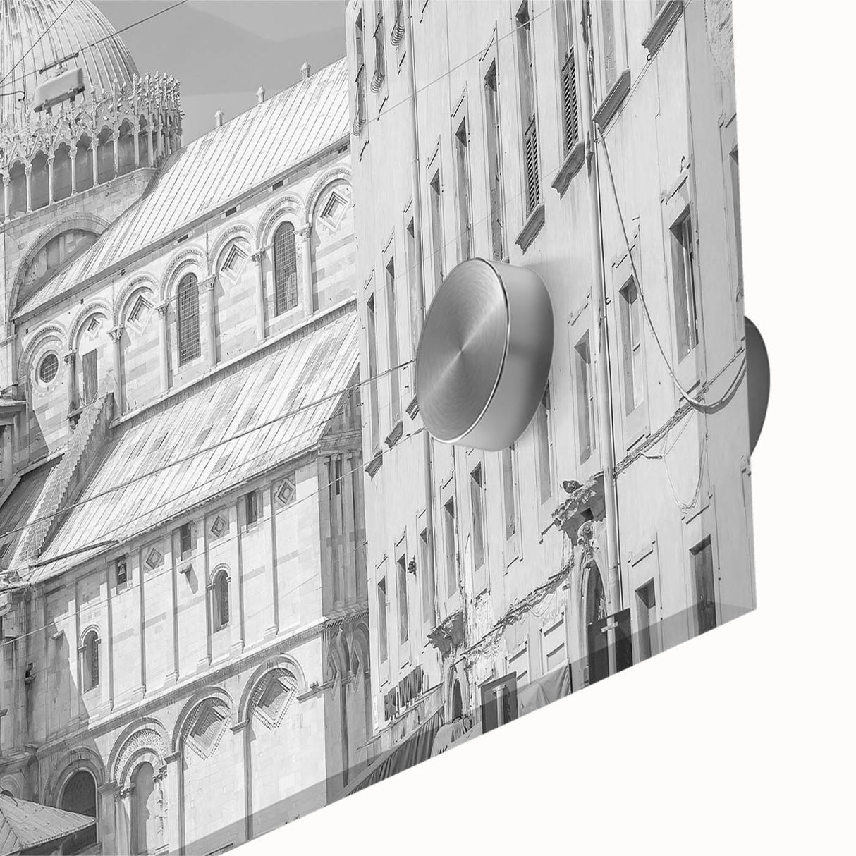 Large abstract wall art of a cathedral in mid-century modernist style on acrylic glass, ideal for dining room ambiance.