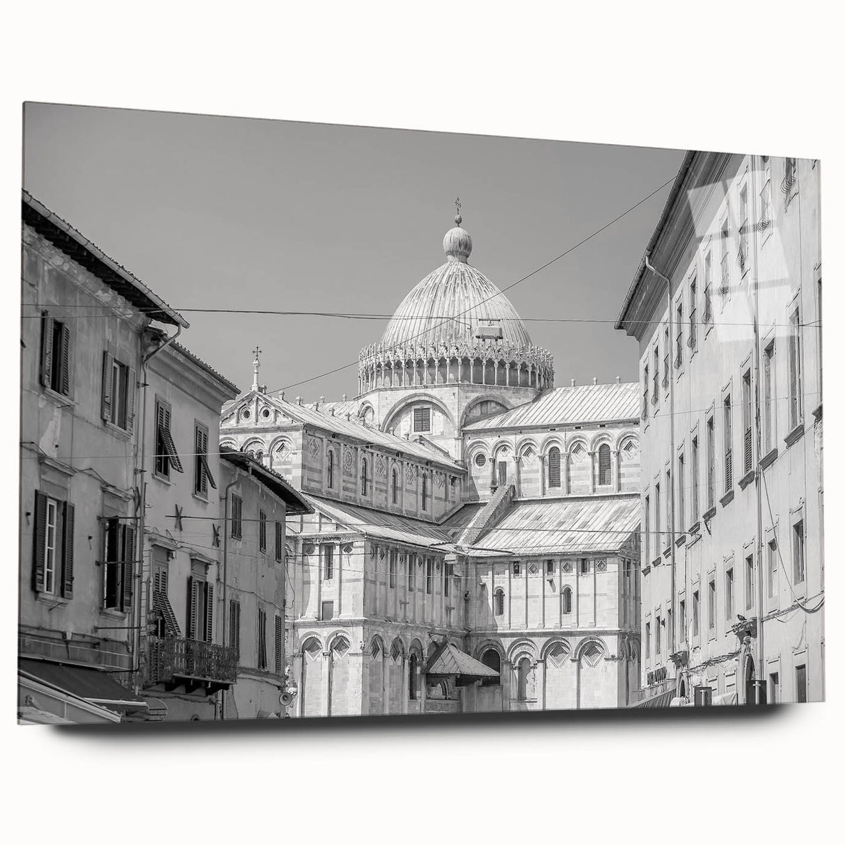 Large abstract wall art of a cathedral design in muted grays and blues on acrylic glass.