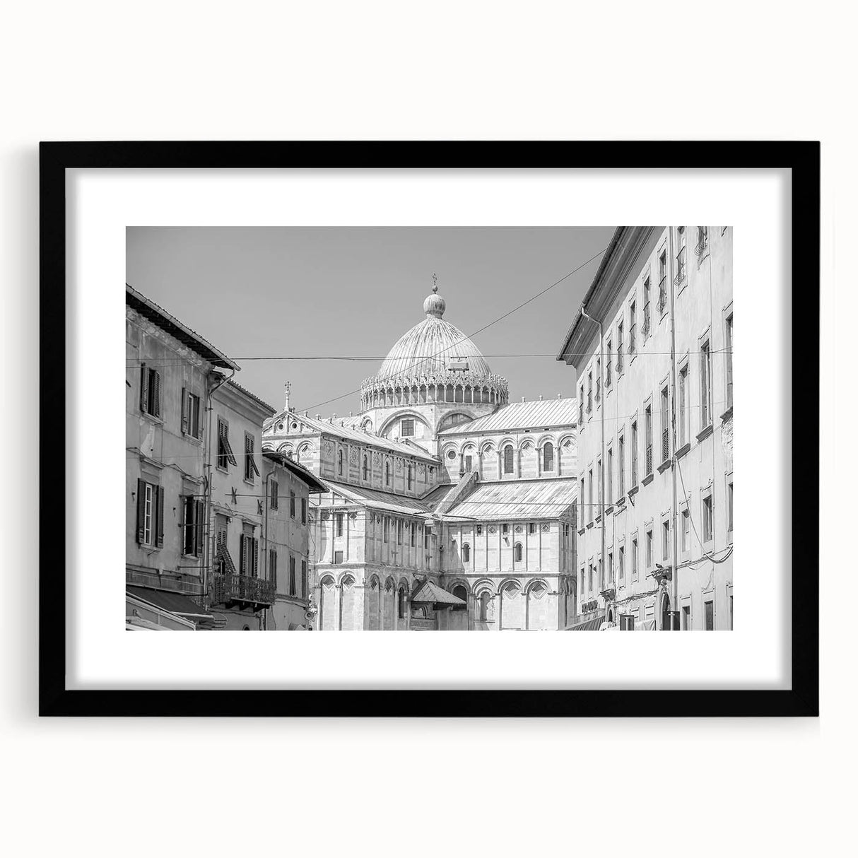 Extra large abstract art print of a colorful, textured cathedral, in a black frame with mat, ideal for living room decor.