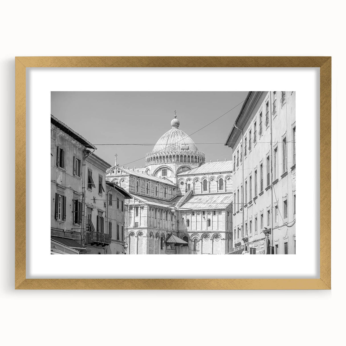 Textured abstract art print of a cathedral, in muted gold and gray tones, framed with a mat, ideal for bedroom art.
