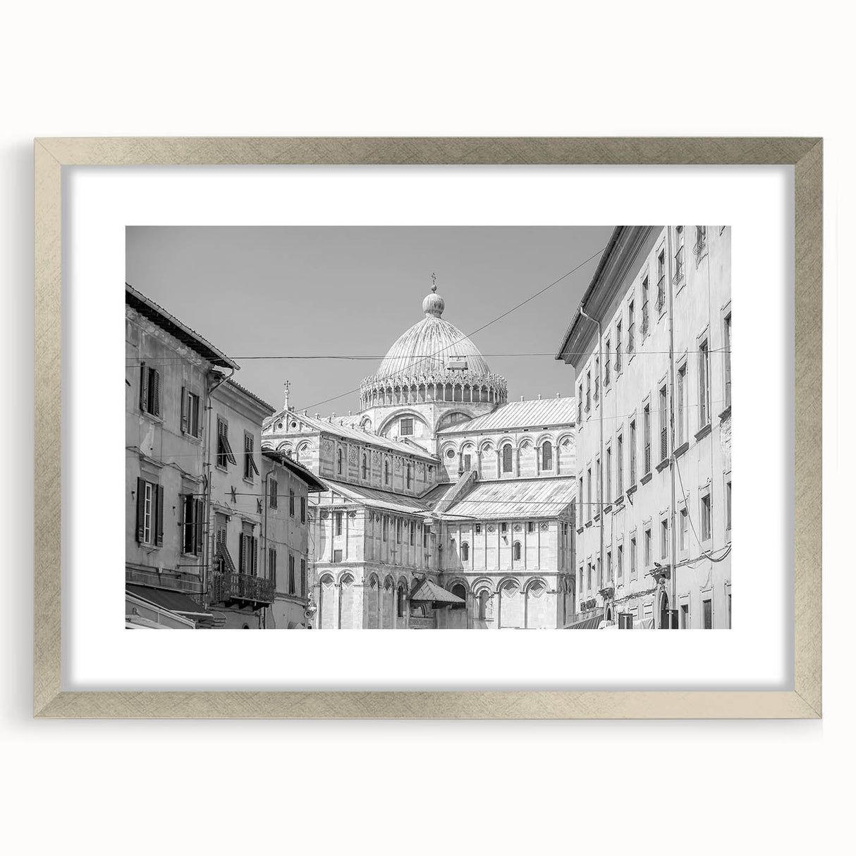 Abstract art print of a cathedral, using muted gray and blue tones on a framed silver mat, ideal for dining room decor.