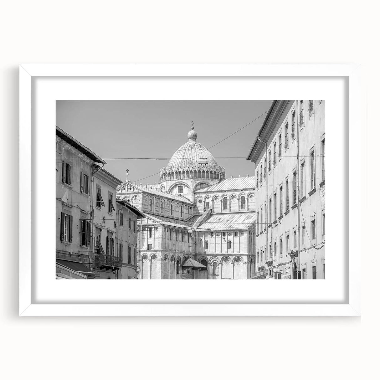 Extra large abstract art print of a cathedral, featuring textured white and gray tones, framed in white.