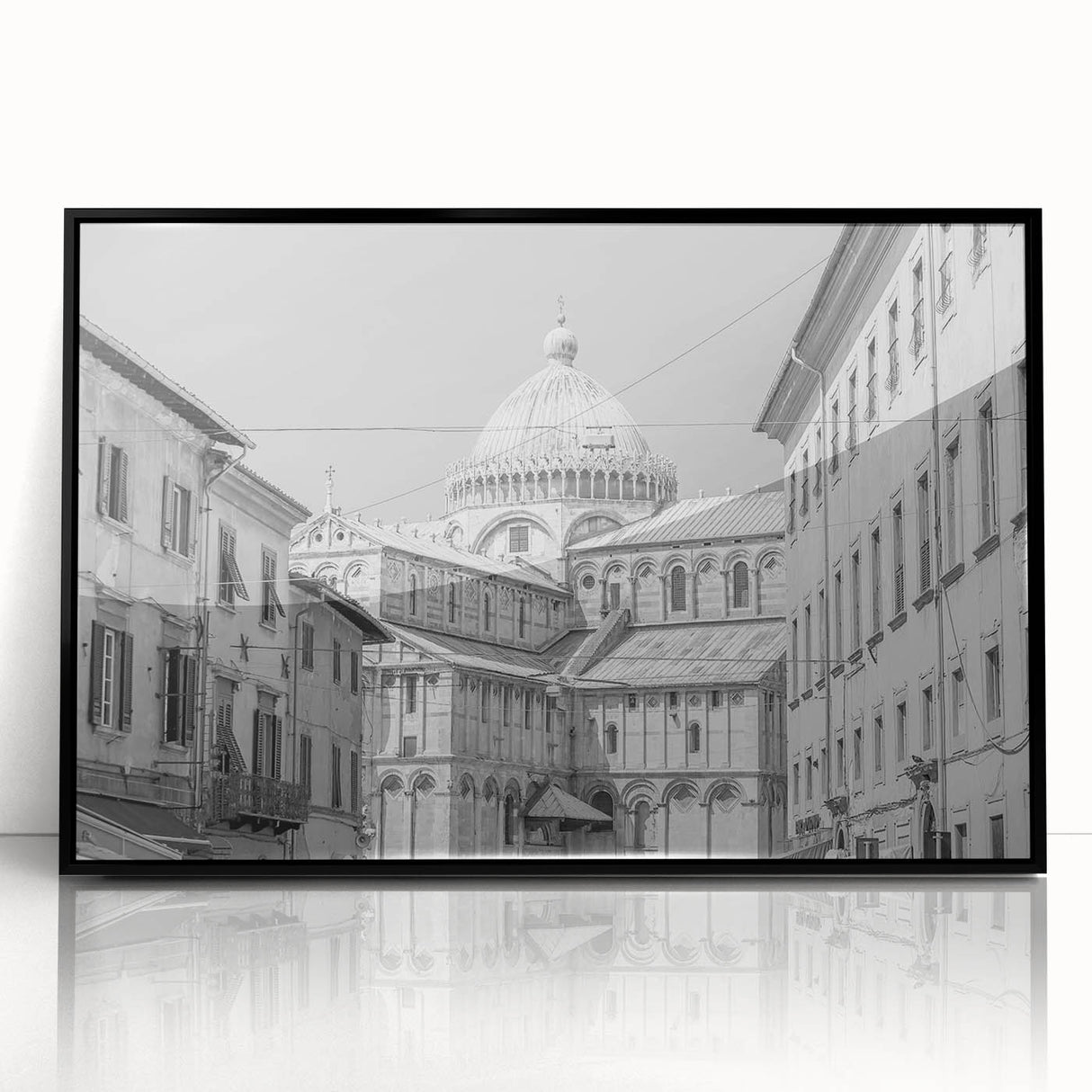 Large abstract wall art featuring a mid-century modernist cathedral design in muted tones on framed acrylic.