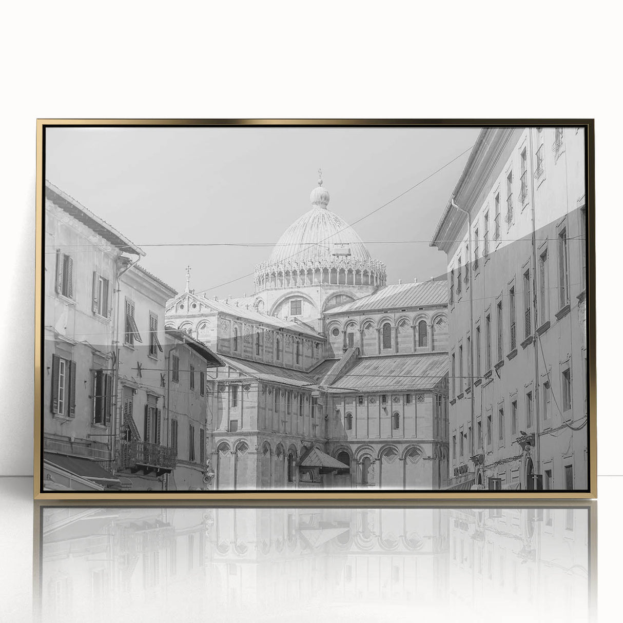 Mid-century modernist cathedral design in gold and white tones on a framed acrylic, ideal for nursery wall art.