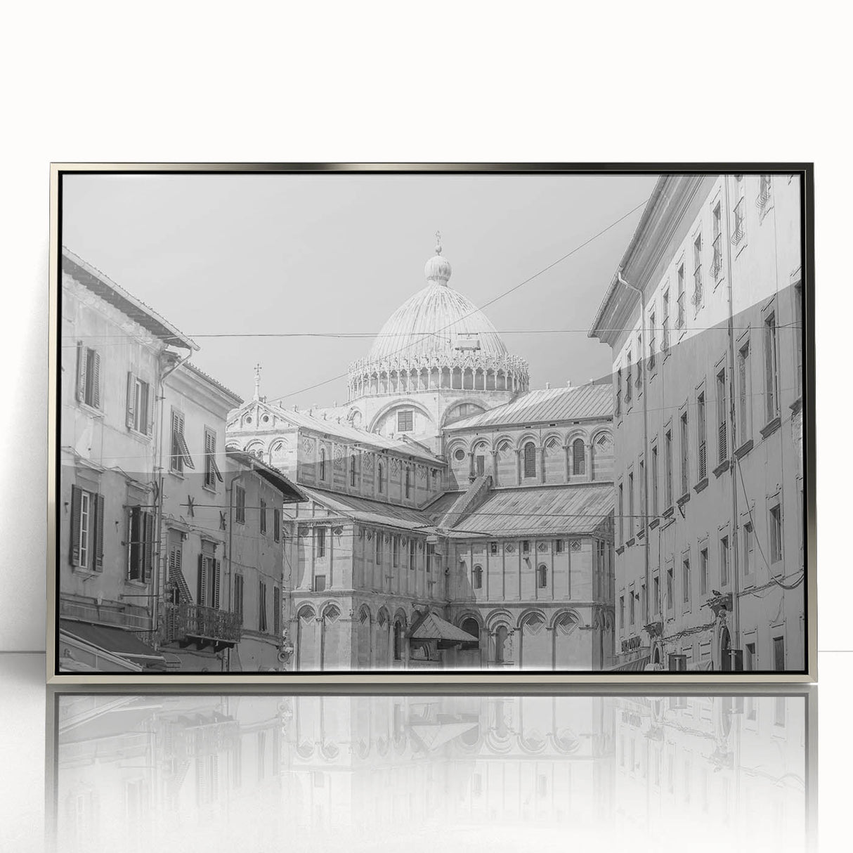 Art deco poster of a cathedral, in muted silver and gray tones, acrylic print framed.