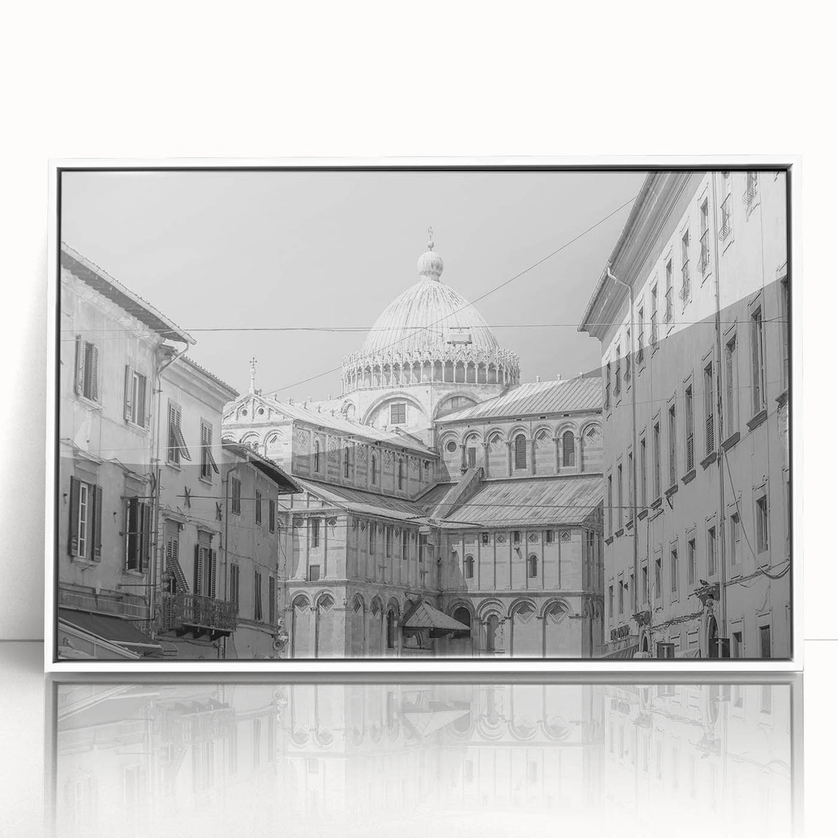 Mid-century modernist cathedral design in muted gray on white acrylic, ideal for nursery wall art.