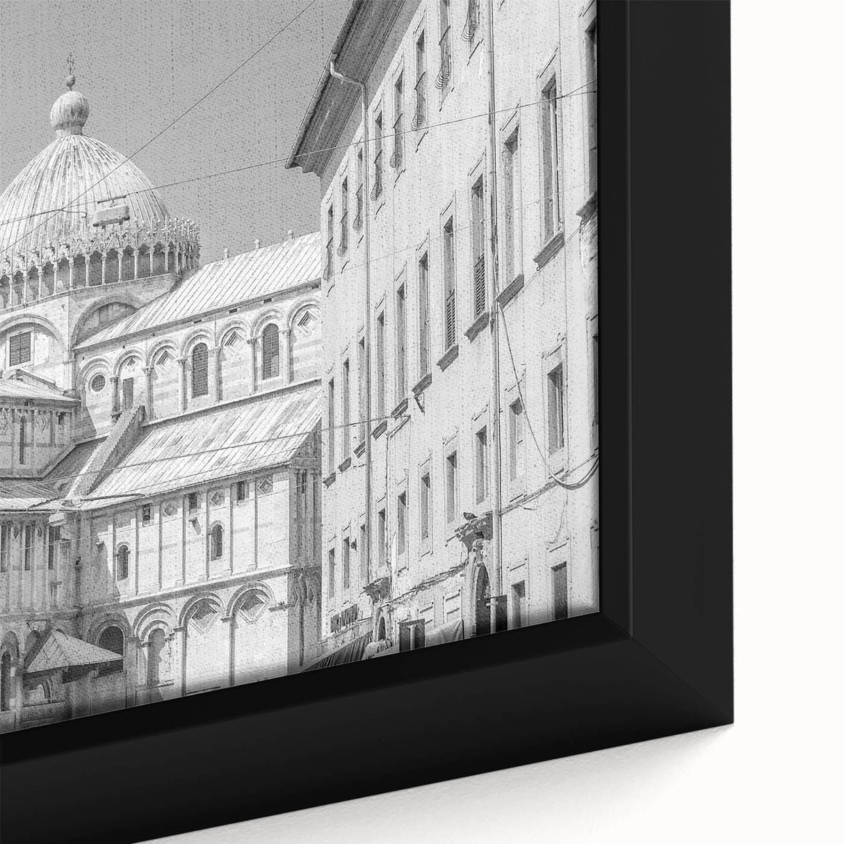 Close-up of a black wall art featuring a textured, colorful cathedral design on a framed canvas, ideal for living room decor.