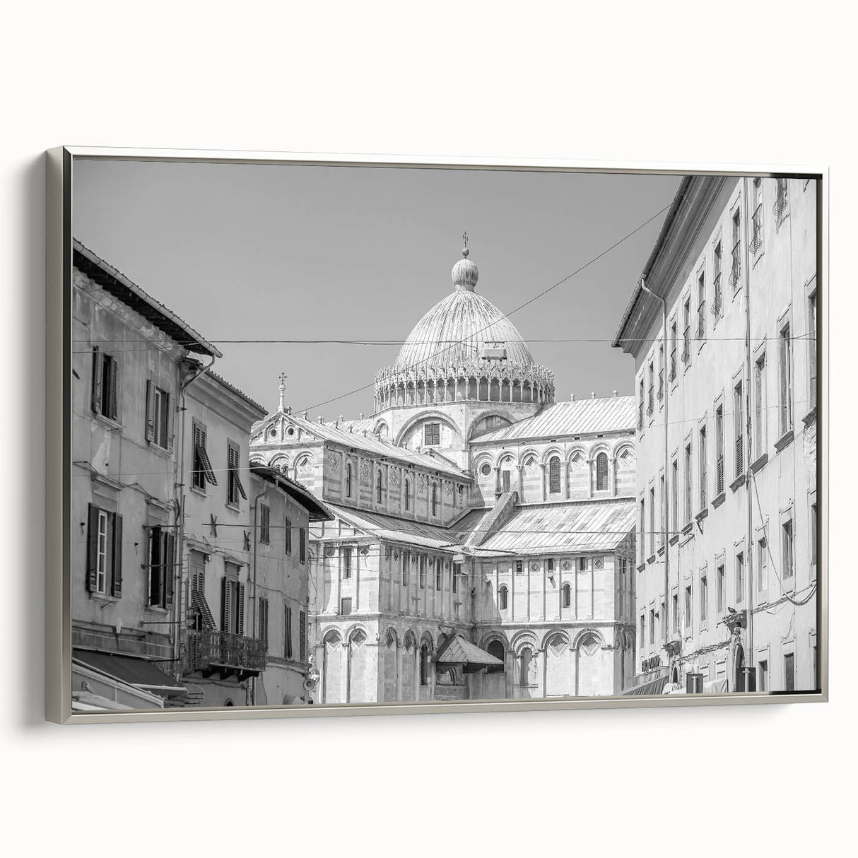 Vintage poster art of a cathedral in colorful hues on a black background, framed canvas, ideal for living room decor.