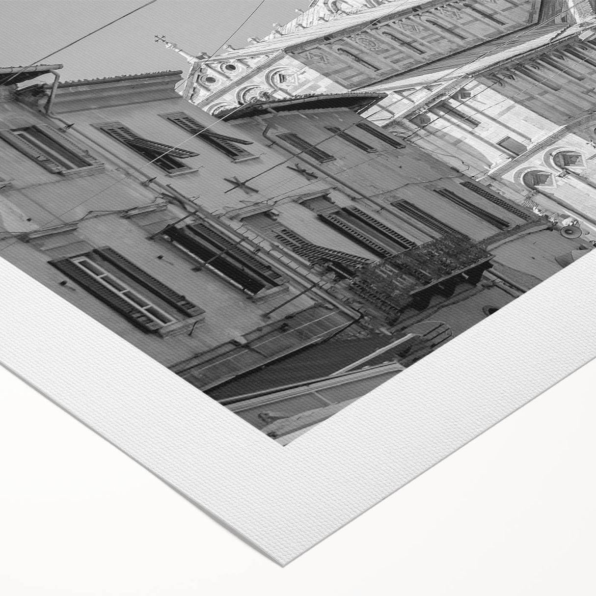 Art deco poster of a cathedral in muted gold and blue tones on rolled canvas, suitable for dining room wall art.