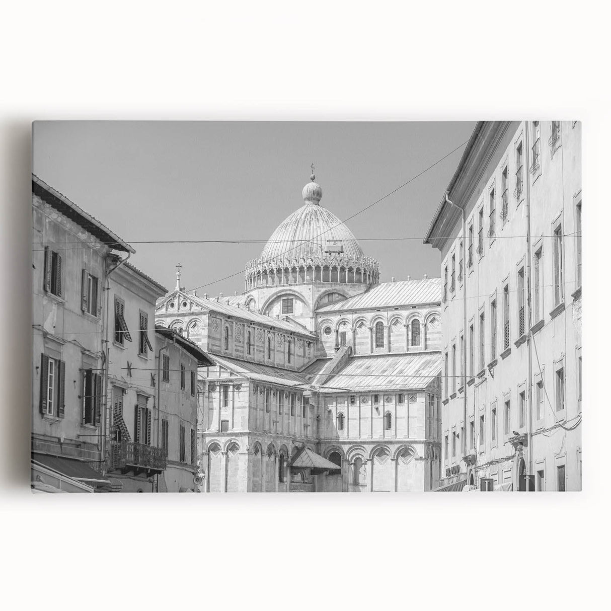 Black and white stretched canvas featuring a detailed cathedral design, ideal for kitchen wall art.