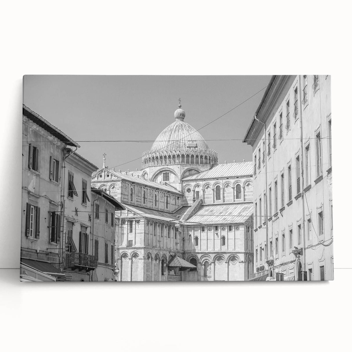 Black and white cathedral design on large stretched canvas, ideal for kitchen wall art or bedroom decor.