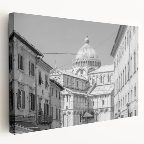 Large art depicting a cathedral design in muted gray tones on stretched canvas, ideal for kitchen wall art.