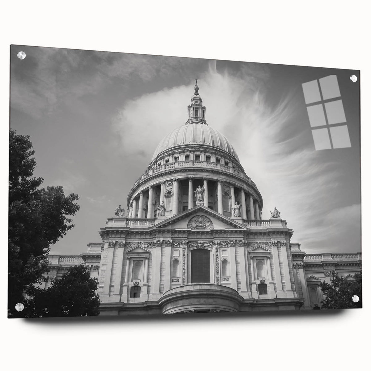 Large abstract wall art featuring a cathedral design in muted gray tones on acrylic glass.