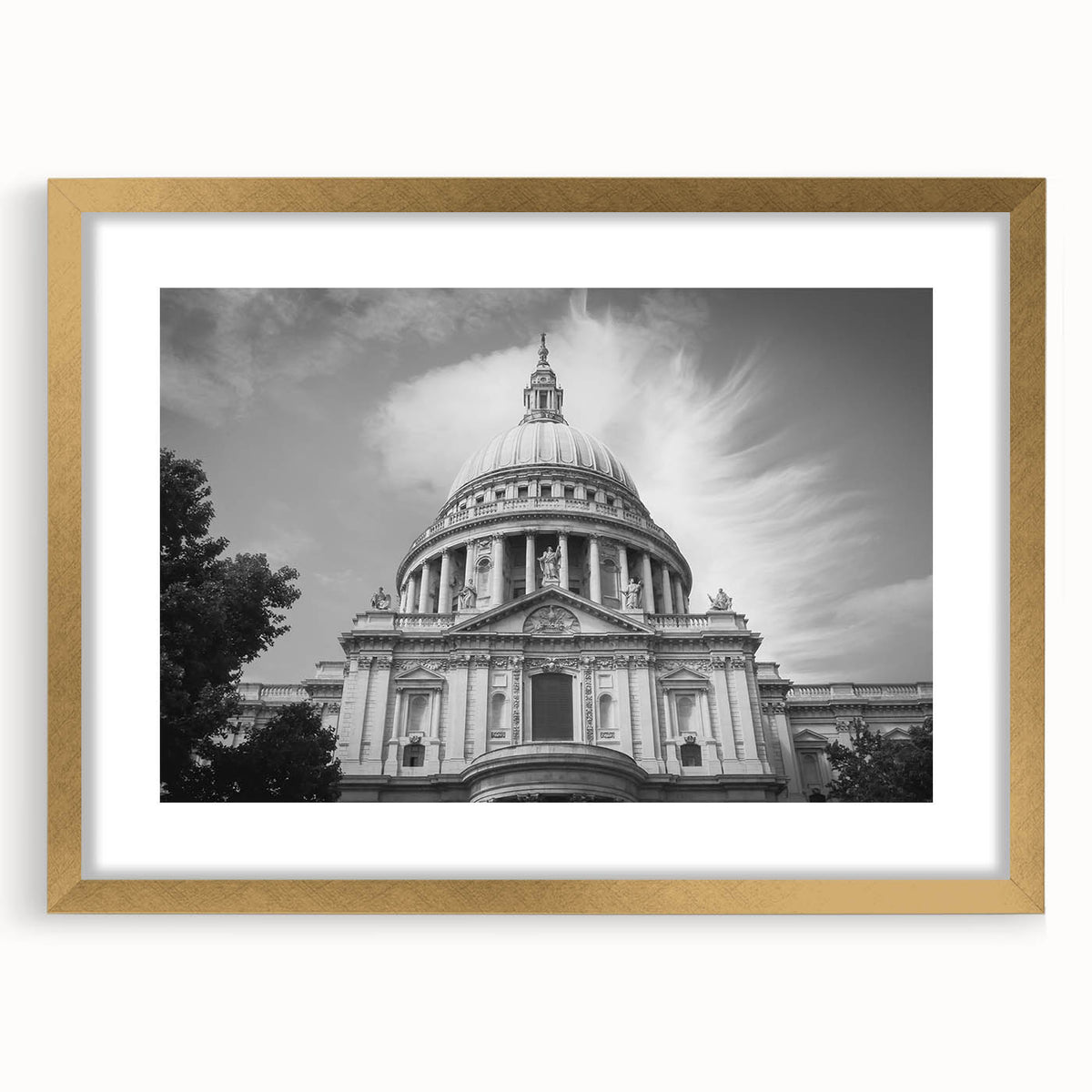 Textured abstract art print of a cathedral, in gold and beige tones, framed with mat, suited for bedroom art.