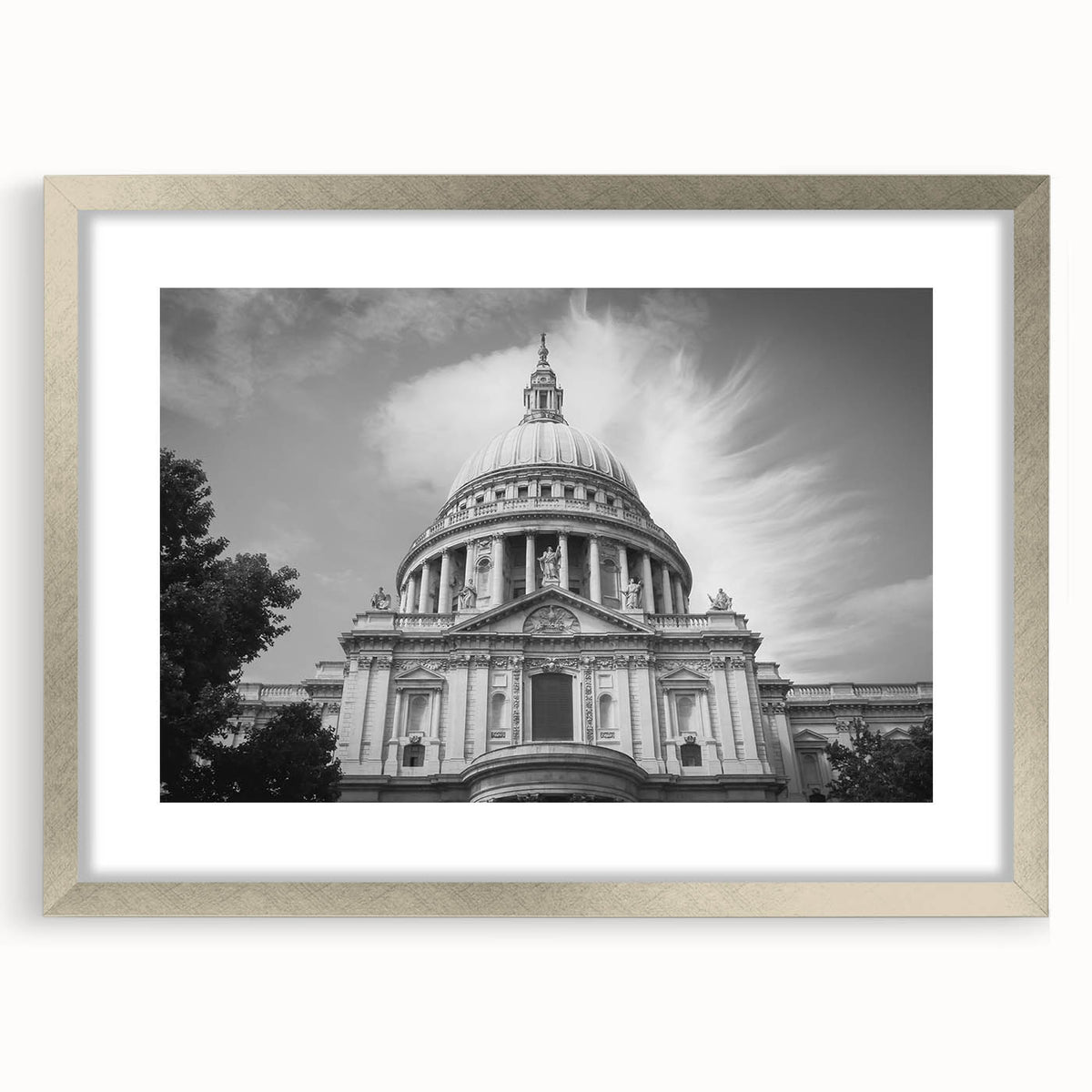Abstract art print of a cathedral in muted gray and blue tones on a framed poster, suitable for dining room decor.