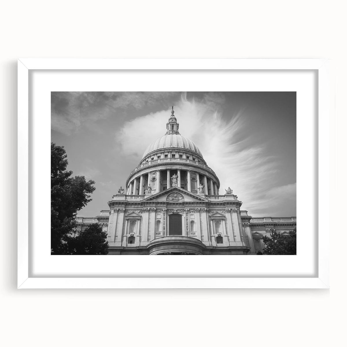 Extra large abstract art print of a cathedral, featuring textured white and gray tones on a framed canvas.