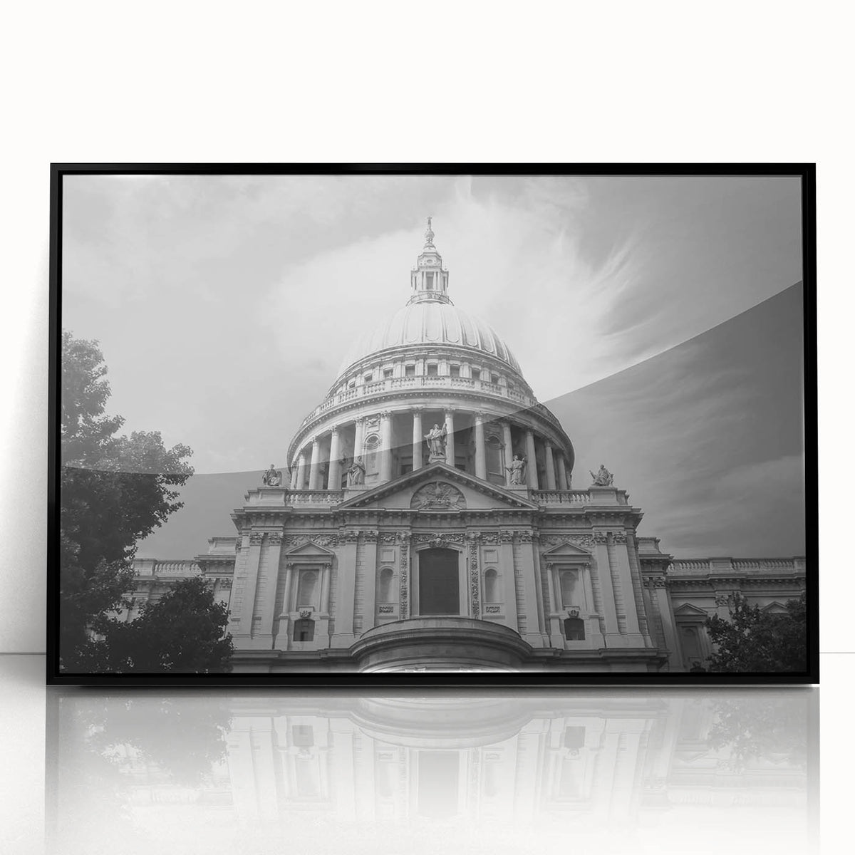 Large abstract wall art featuring a mid-century modernist cathedral design in black and white tones, framed acrylic.