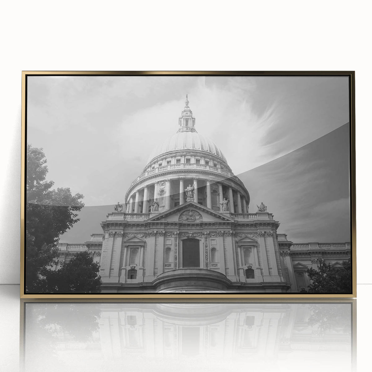 Mid-century modernist cathedral design in gold and black tones on a framed acrylic, ideal for nursery wall art.