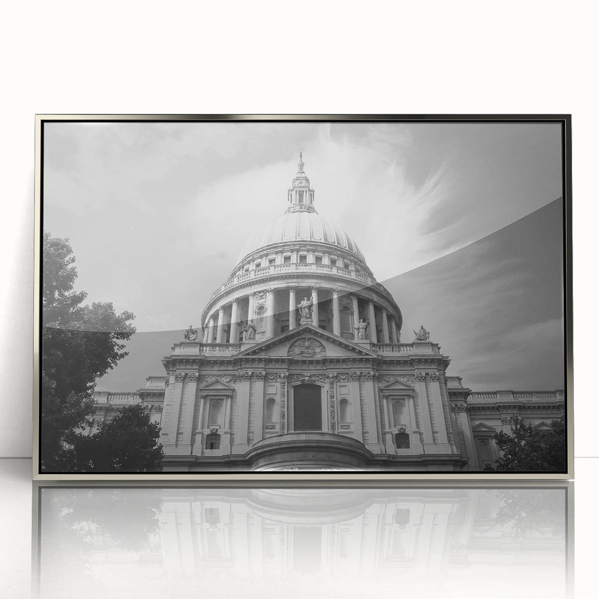 Art deco poster of a cathedral design in silver tones on framed acrylic, suitable for modern art wall decor or nursery.
