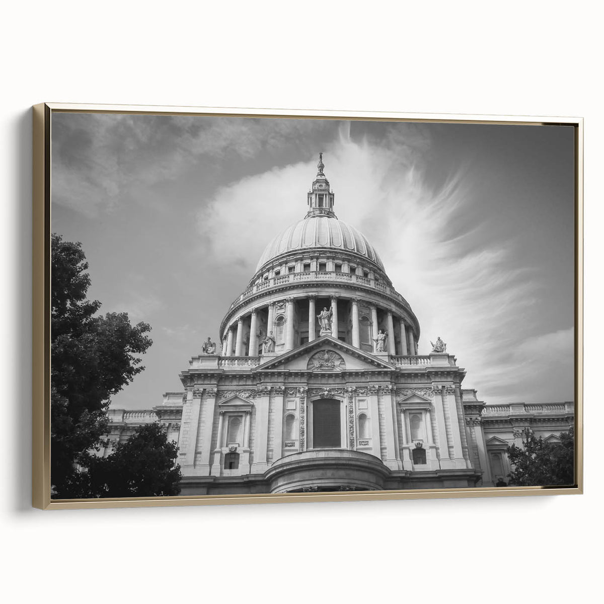 Landscape art painting of a cathedral, rendered in colorful palette on gold-framed canvas, ideal for living room decor.