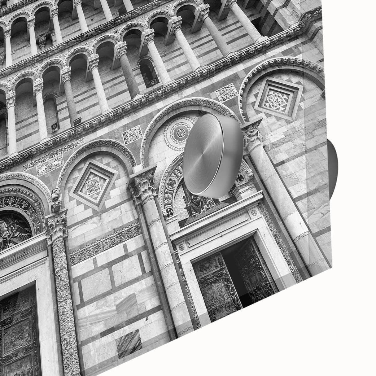 Large abstract wall art on acrylic glass featuring mid-century modernist cathedral design in muted tones.