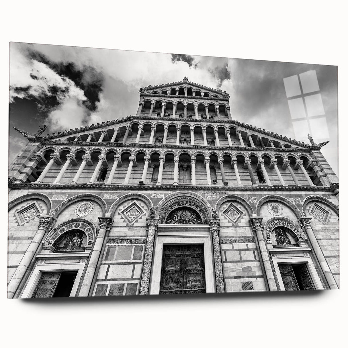 Large abstract acrylic print of a cathedral design in muted gray and blue tones, suitable for bedroom or dining room art.