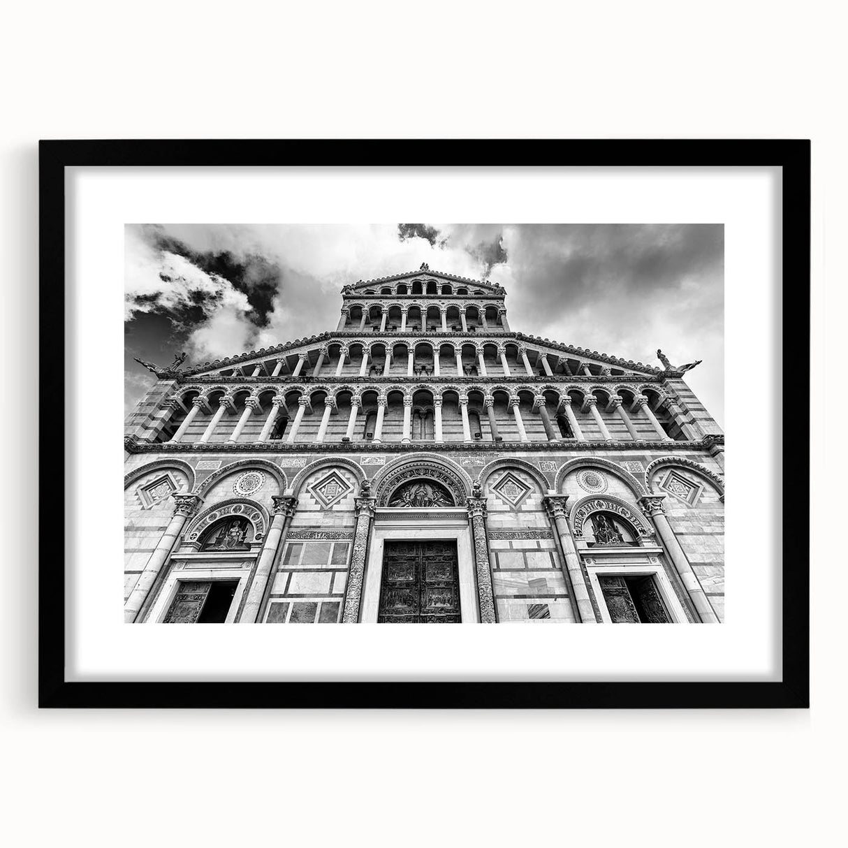 Extra large abstract art print featuring a colorful, textured depiction of a cathedral, framed with a black mat.