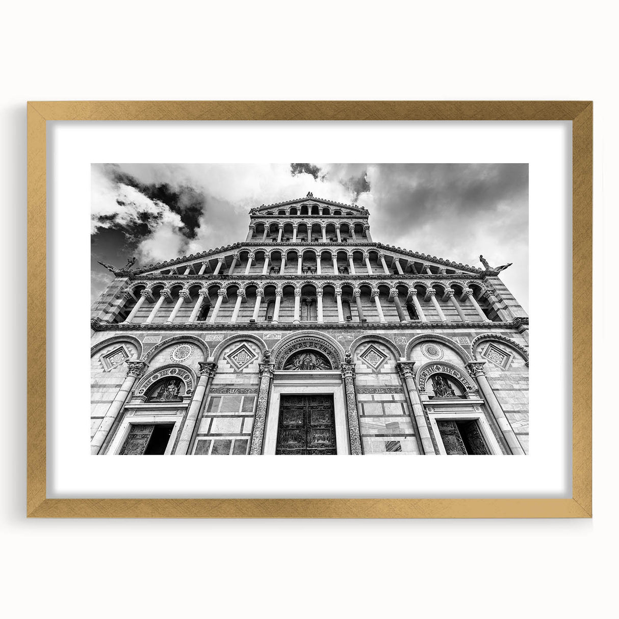 Abstract textured art print of a cathedral, featuring muted gold and white tones on a framed canvas.