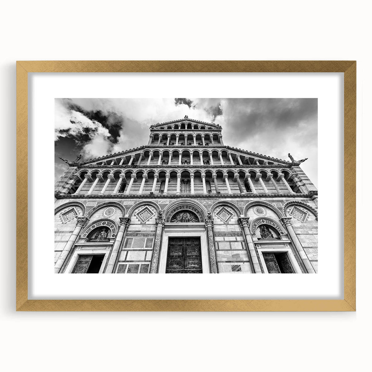 Abstract textured art print of a cathedral, featuring muted gold and white tones on a framed canvas.