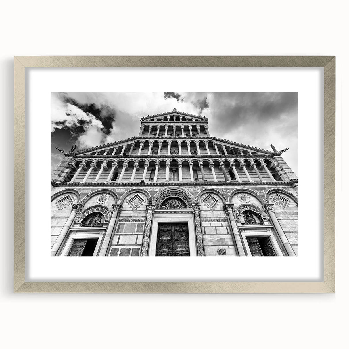 Abstract art print of a cathedral design in muted gray and silver tones, framed with a silver mat.