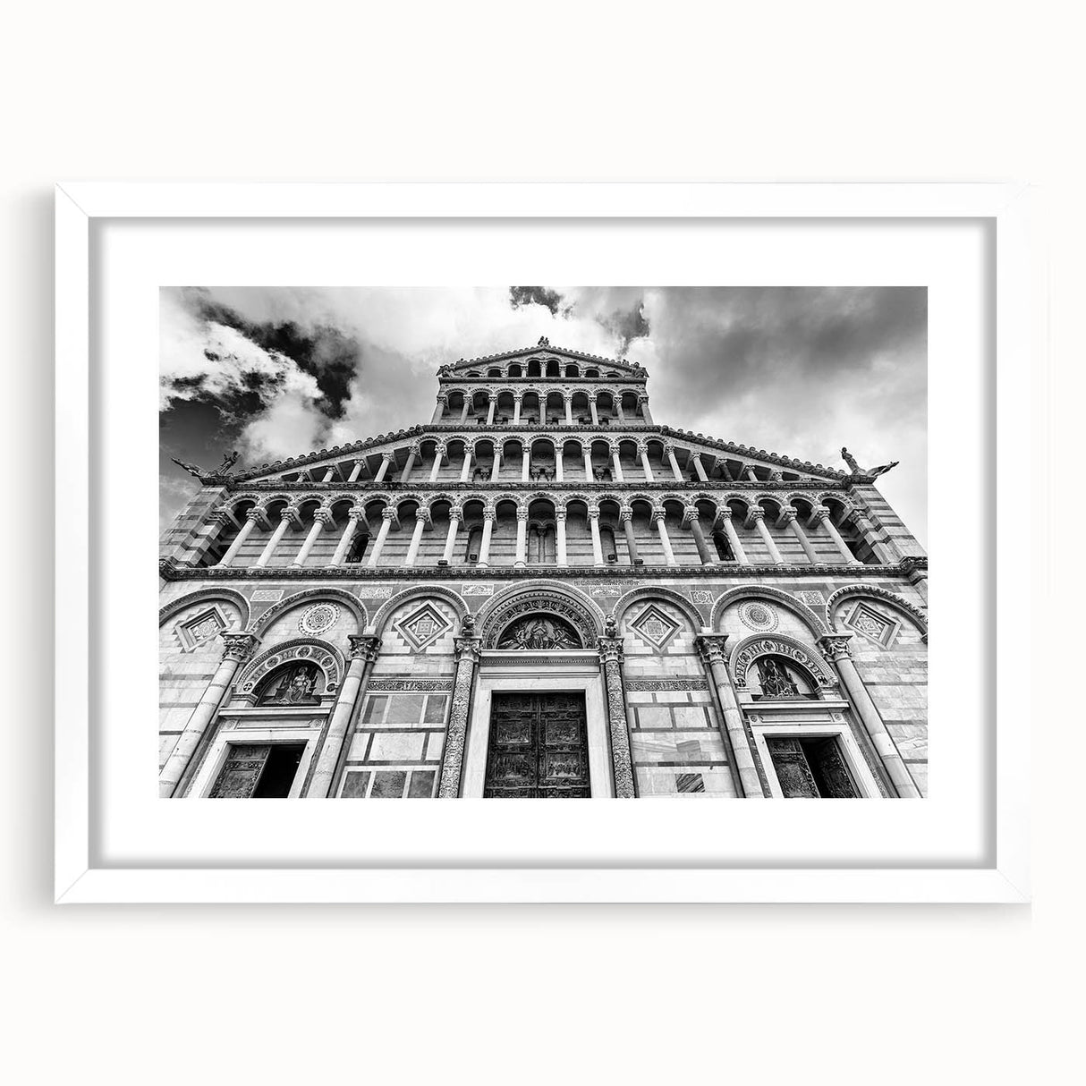 Extra large abstract art print of a cathedral, in muted gray and white tones, framed with a white mat.