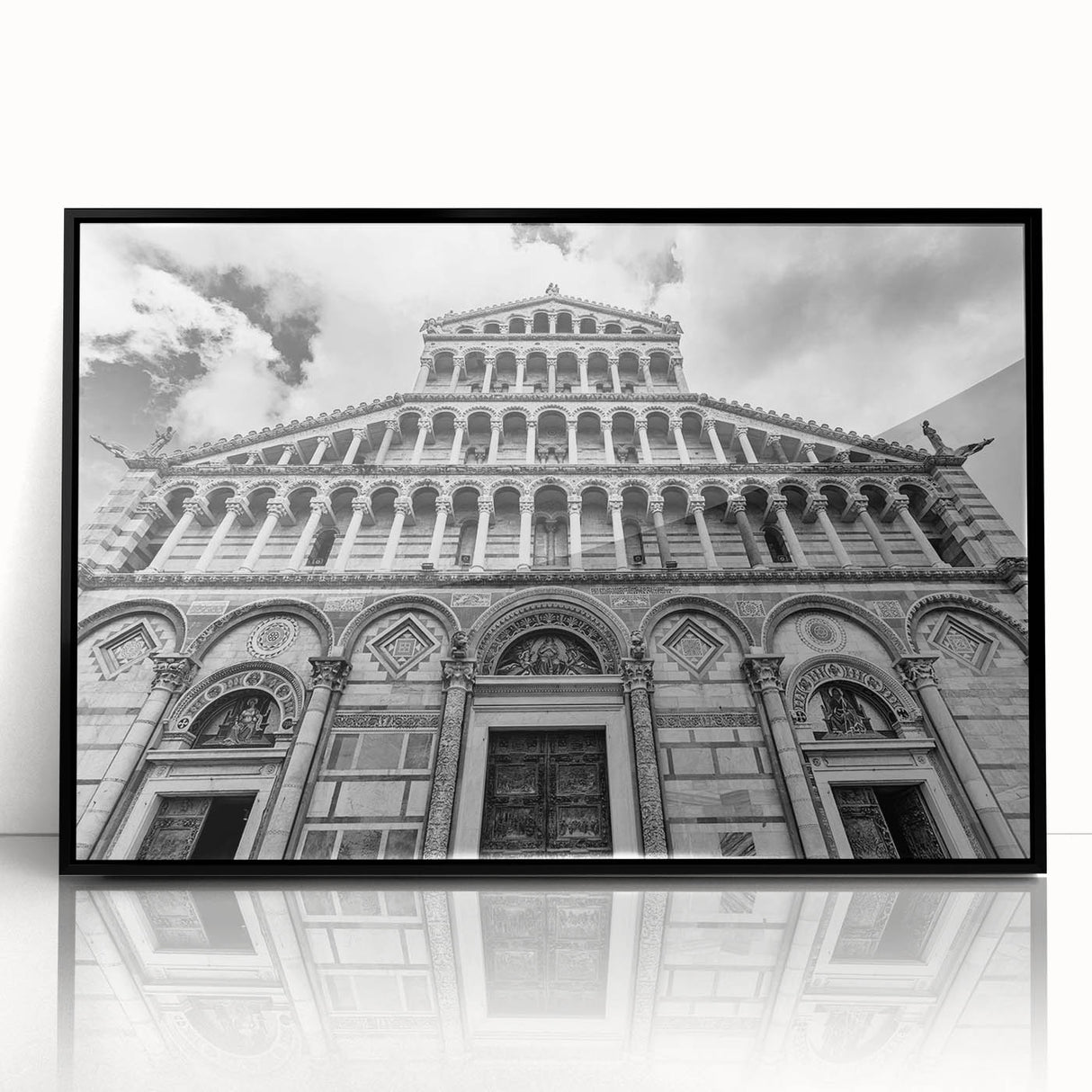 Large abstract wall art featuring a mid-century modernist cathedral design in black and white, acrylic framed.