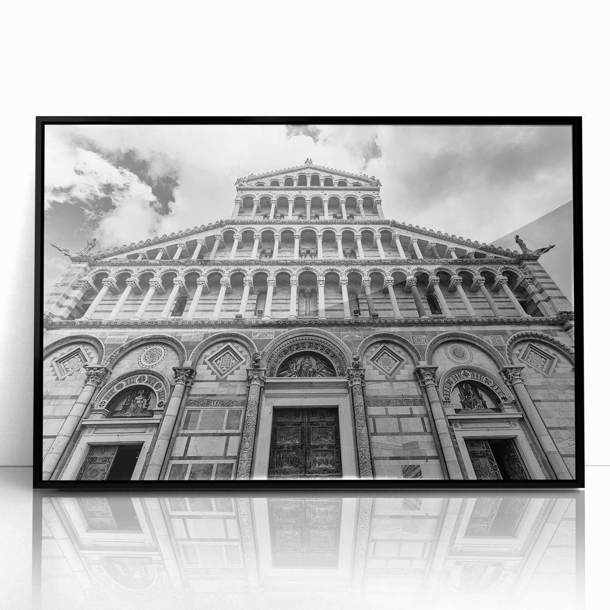 Large abstract wall art featuring a mid-century modernist cathedral design in black and white, acrylic framed.