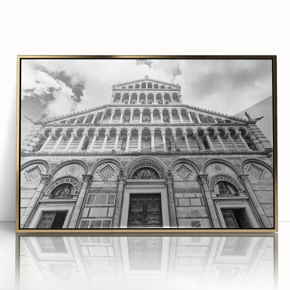 Mid-century modernist art deco poster featuring a cathedral design in gold and black tones, framed acrylic.